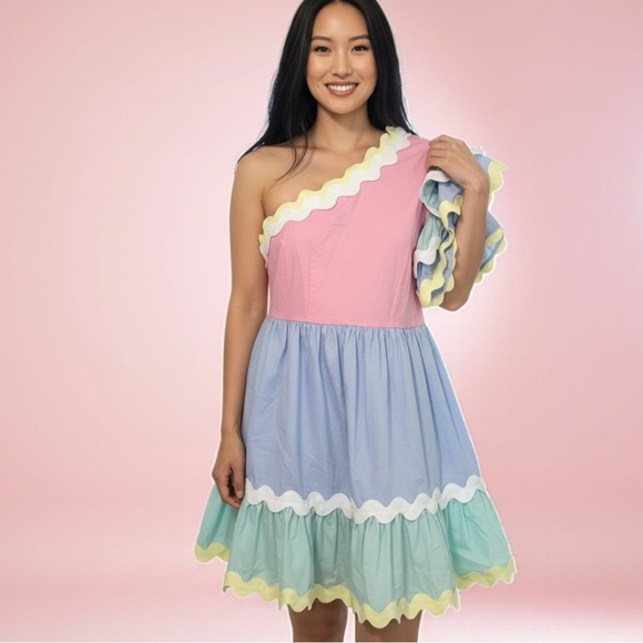 871. Ruffle RicRac One Shoulder Colorblock Dress - Picture 1 of 1